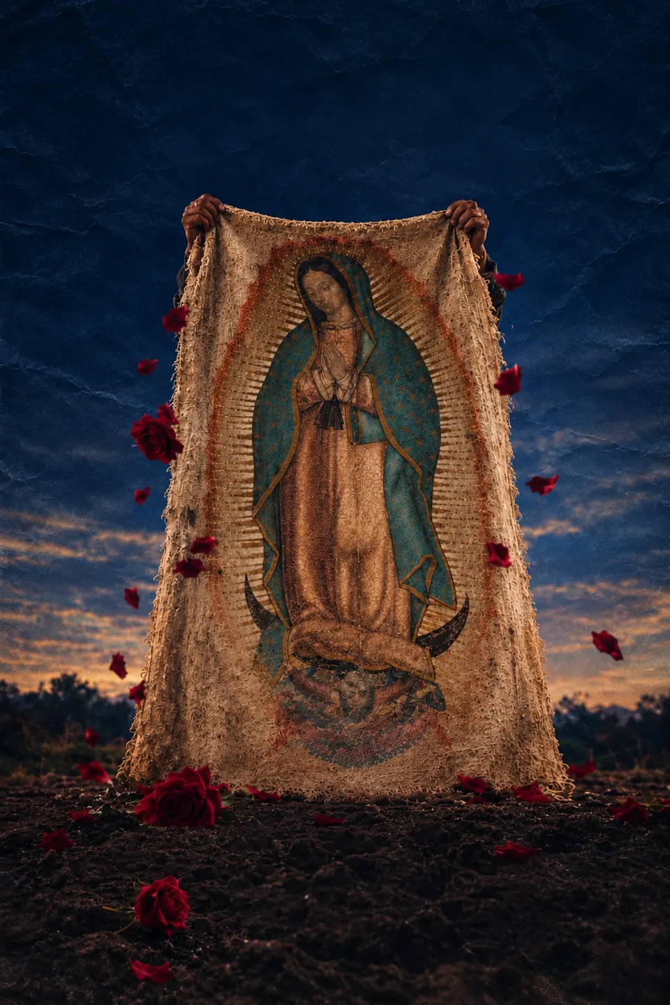 Ao entardecer, duas mãos erguem o manto com a imagem de Nossa Senhora de Guadalupe sobre a terra, entre rosas vermelhas
